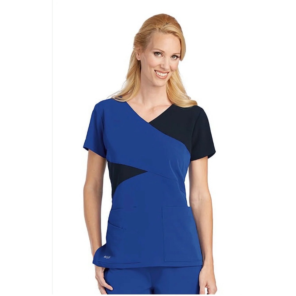 Grey's Anatomy Women's Contrast Mock Wrap Scrub Top Galaxy/Black Size Medium